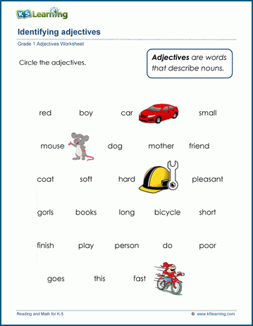 Grade 1 grammar worksheet on identifying adjectives