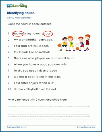 Grade 2 grammar worksheet on identifying nouns