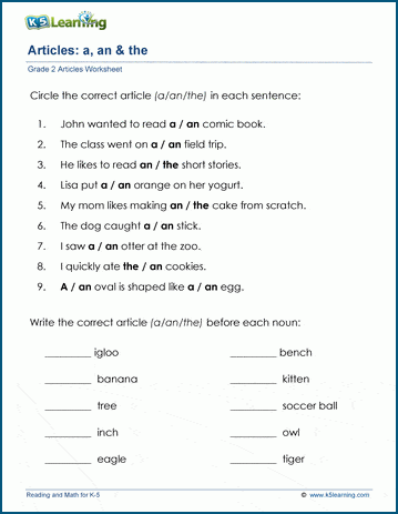 Grade 2 grammar worksheet on the articles a an the