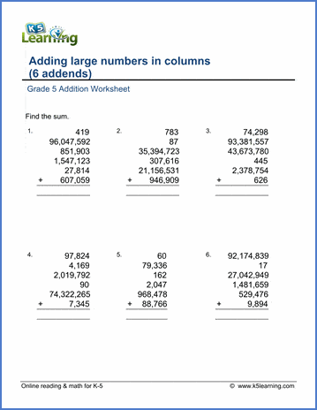 Grade 5 Addition Worksheet adding six large numbers