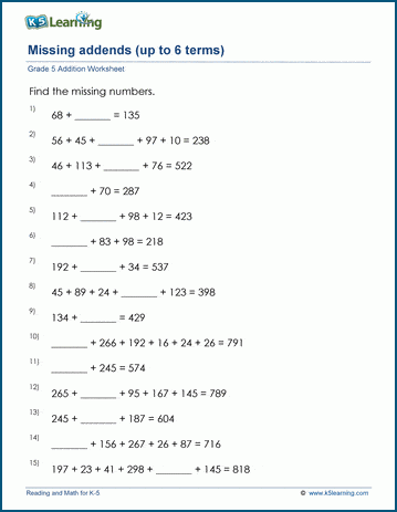 Grade 5 Addition Worksheet adding with missing numbers - harder