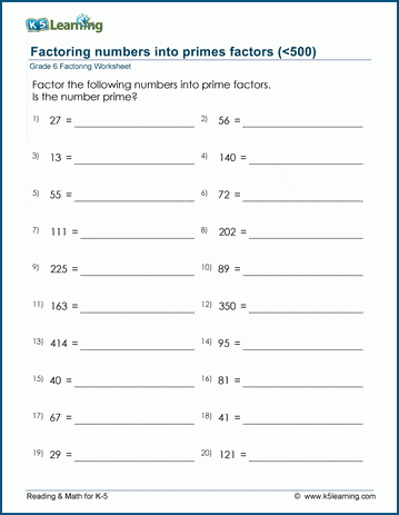 Grade 6 Factoring Worksheet factoring numbers to prime factors