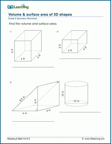 Grade 6 Geometry Worksheet rectangular prism - volume and surface area of 3D shapes